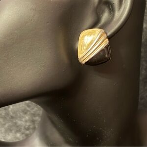 Vintage Ivory & Black Enamel with Gold Accents Trapezoid Shape Clip-On Earrings